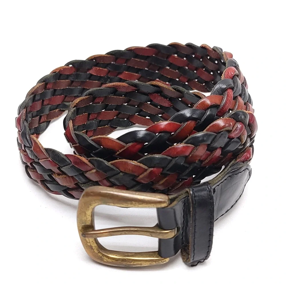 Nordstrom Braided Leather Belt Black Burgundy Brown Woven Brass Buckle Size M 28